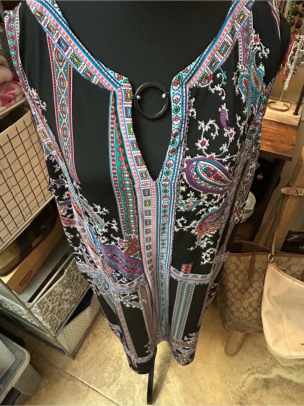 Nicole by Nicole Miller XL Paisley Tunic Dress Black Multicolor Boho Sleeveless - Picture 2 of 6